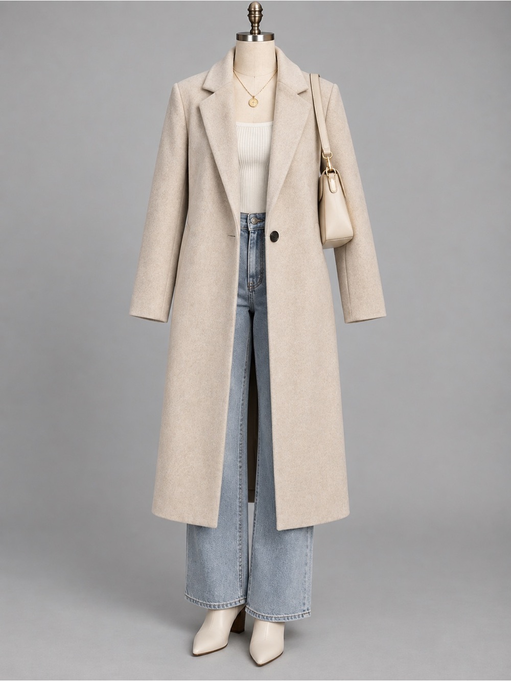 Love Tree Long Single-Button Trench Coat in Light Beige